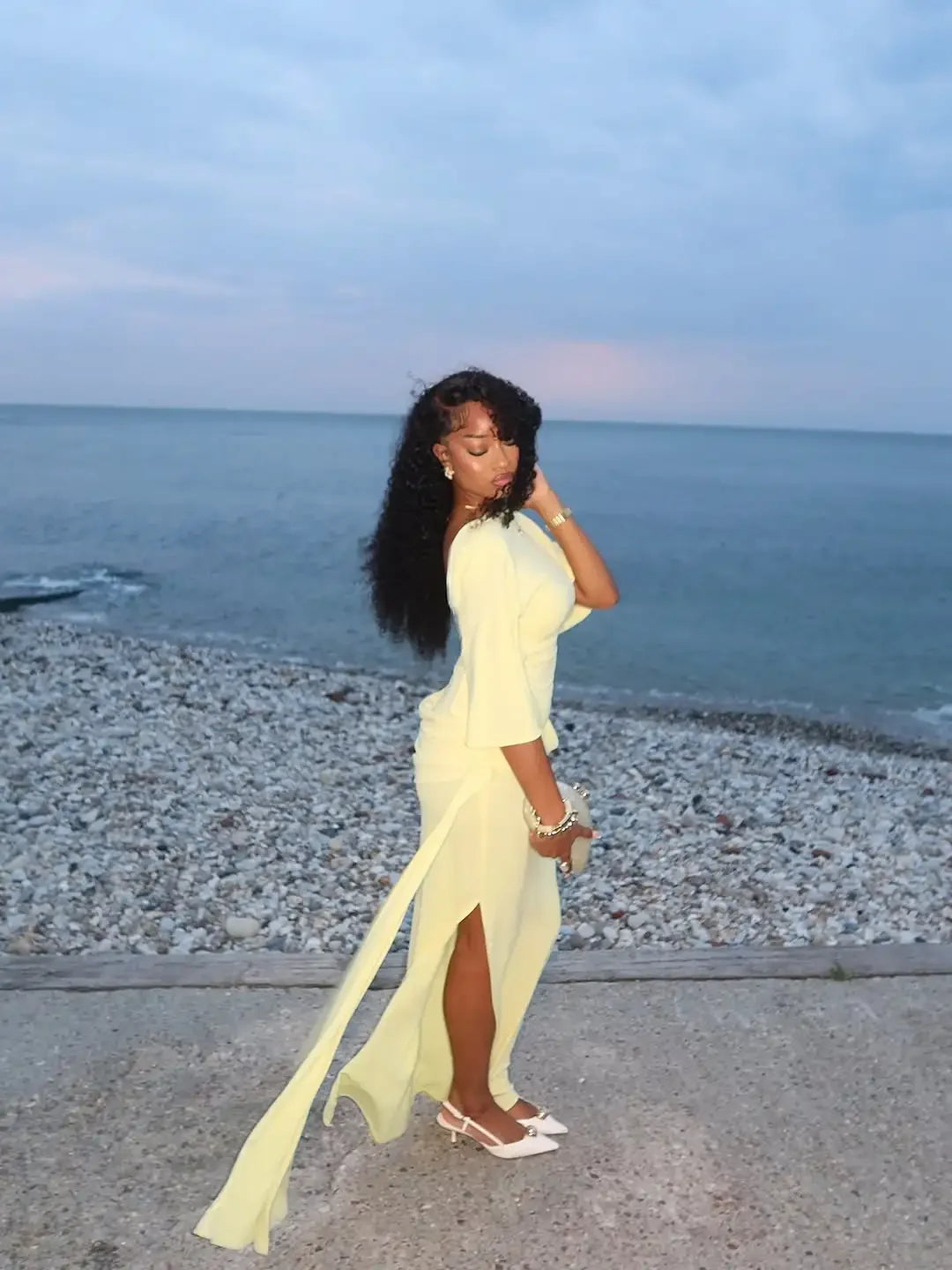 Yellow Backless Slit Evening Dress With Cinched Waist For Women