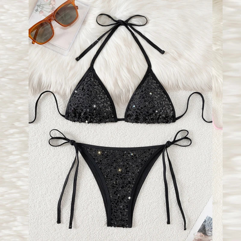 New Sequined Mesh Women's Bikini Two Piece Sets Beach Vacation Lace Up Slim Fit Swimsuit Summer Sexy Hollowed Out Beach Swimwear