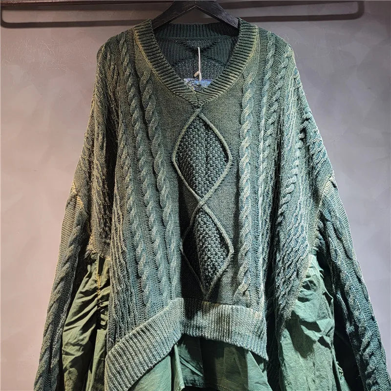YEAE personalized old twist weaving splicing women's knitted sweater long-sleeved V-neck ruffle leaf edge autumn and spring new