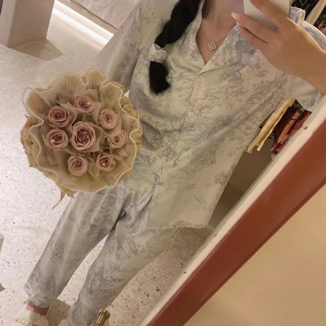 Women's Home Clothes Lapel Button Cardigan 2 Piece Outfit Set Women Printing Pajamas for Women Autumn Winter New Ice Silk