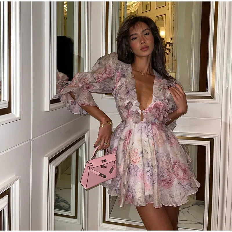 Trendy Floral Print Flare Sleeve V Neck Mini Dress Elegant High Waist Pleated Woman Vestidos 2025 New Autumn Evening Party Gown