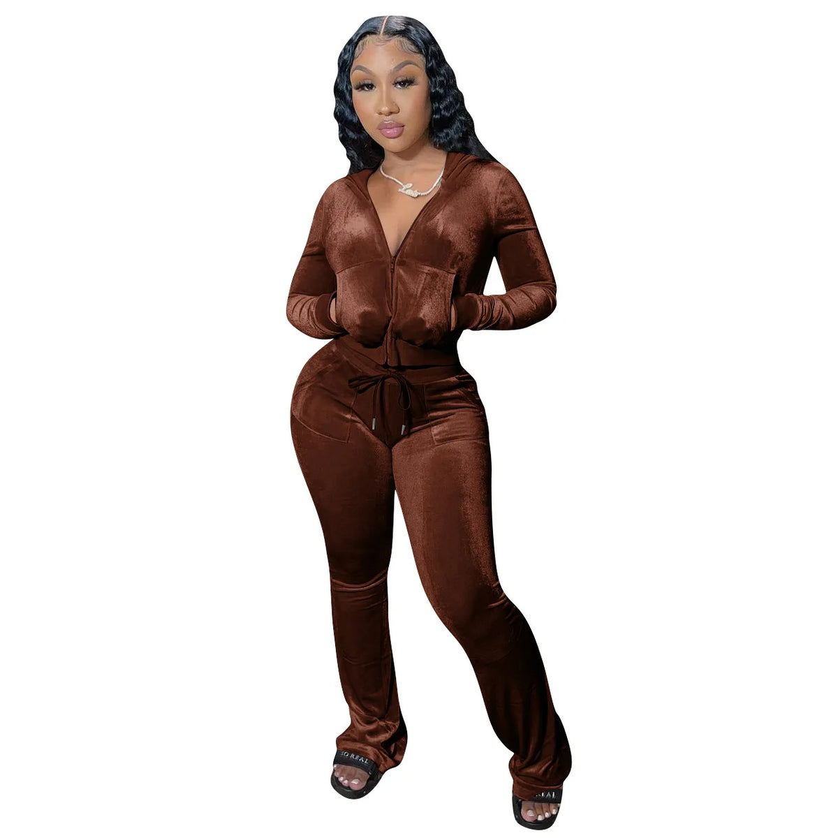 Hooded Zip Top And High Waist Pants Outfit Set for Women
