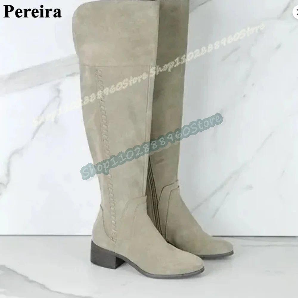 Big Size Knee High Gray Flock Casual Boots Flats Shoes For Women Side Zipper Round Toe Trending Runway 2026 Zapatos Para Mujer