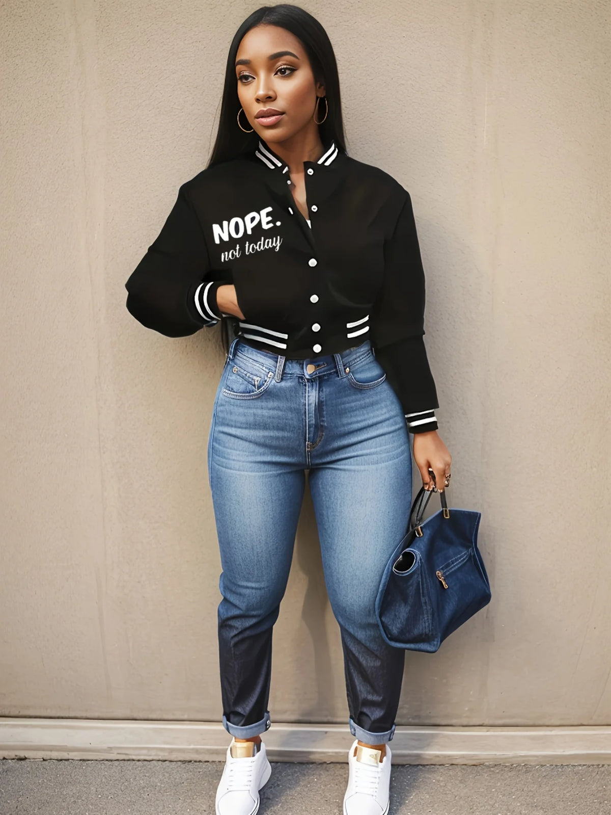 Casual Printed Single Breasted Baseball Jacket for Women