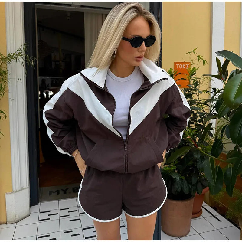 Color Block Zip Up Tracksuit With High Waist Shorts For Women