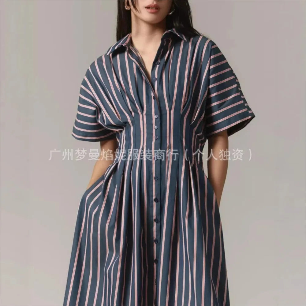 Elegant Striped Print Waist-Hugging A-Line Midi Dress for Women