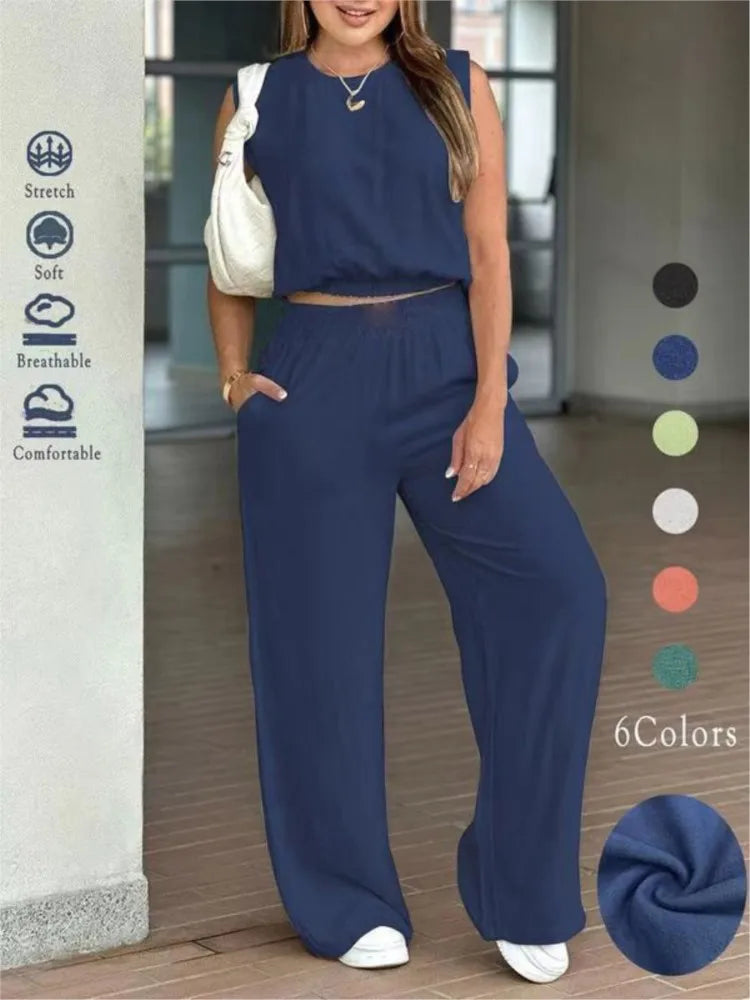 Casual Summer Sleeveless Wide-Leg Two-Piece Set for Women