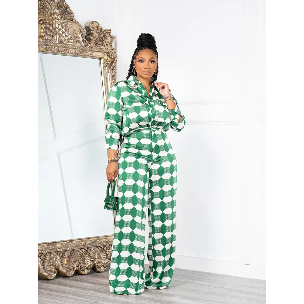 Two Pieces Shirt Sets Women Casual Matching Suits Geometric Print Loose Long Sleeves Wide Leg Pants Elegant Office Lady Autumn