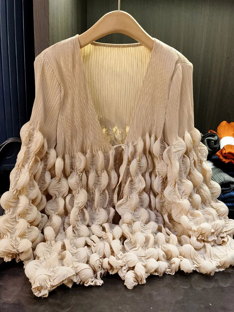 Elegant Lace Up Pleated Long Sleeve Coat for Women