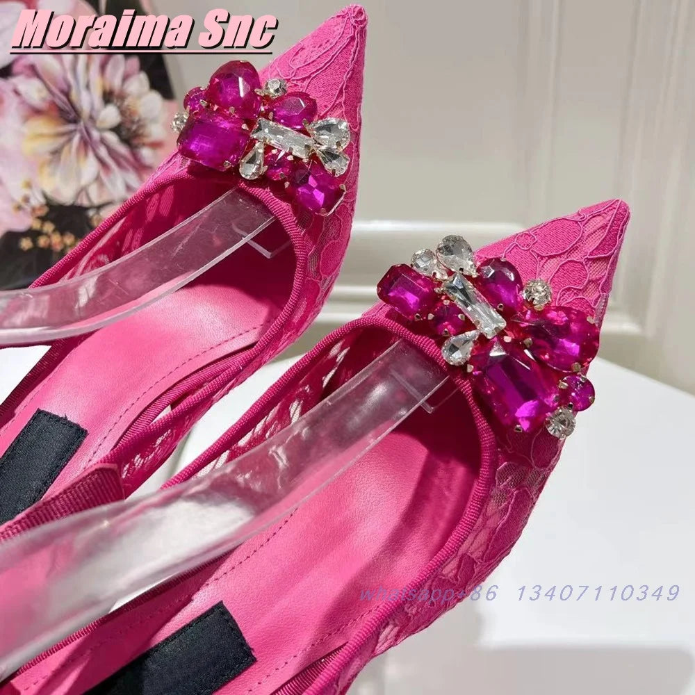 Elegant Crystal Lace Pointed Toe Slingback Sandals for Women