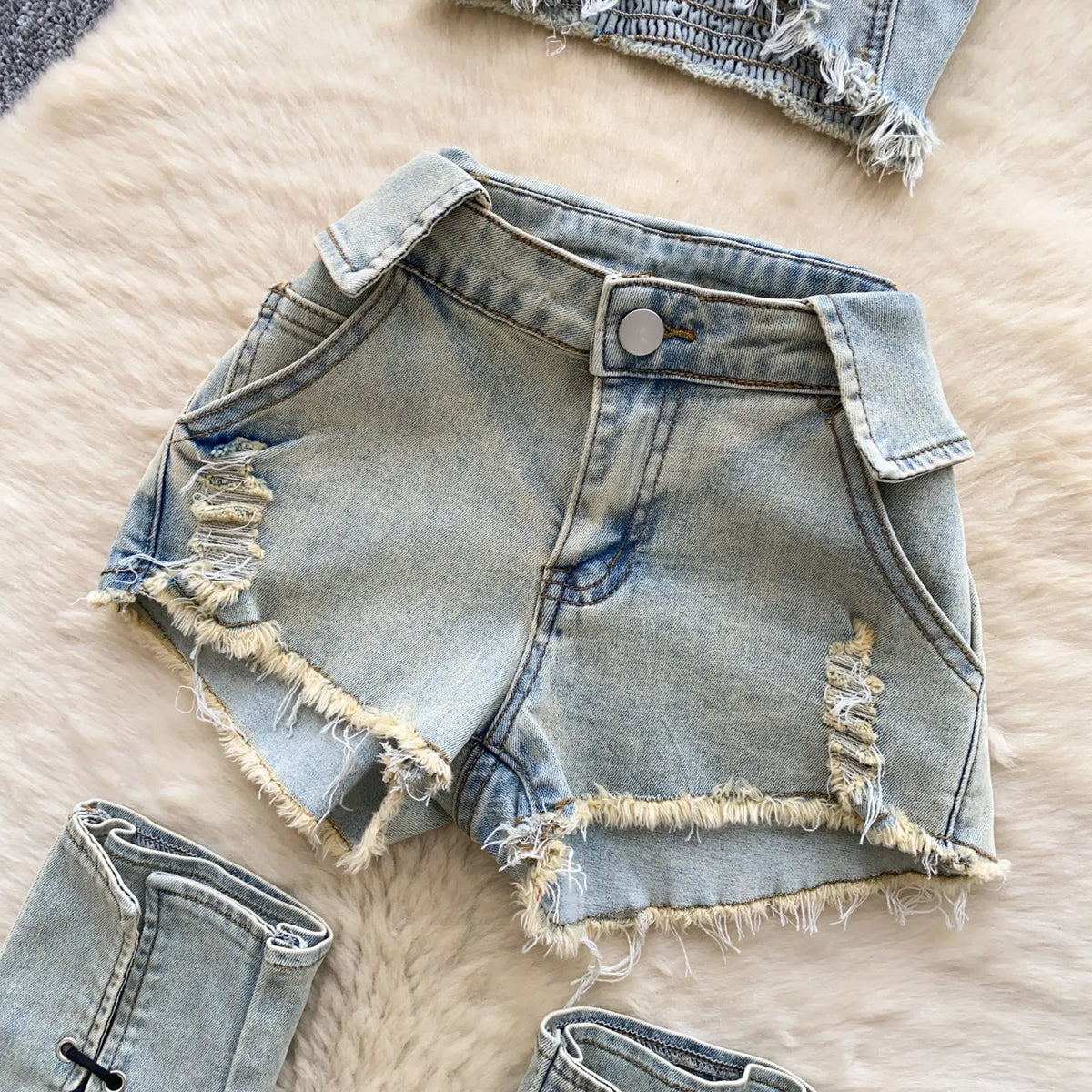 Edgy Summer Denim Three Piece Set With Shorts for Women