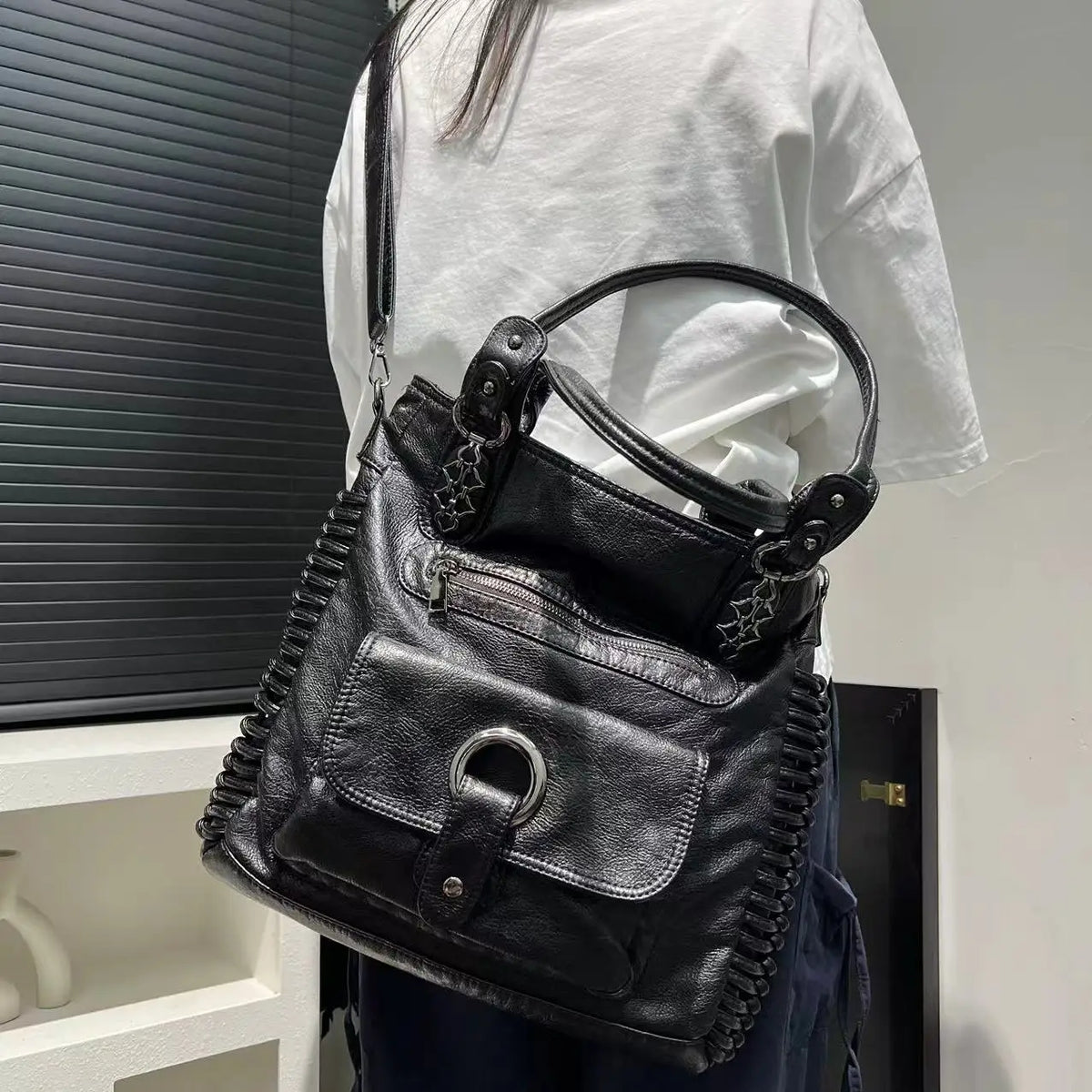 Distressed Vegan Leather Shoulder Tote Bag for Women