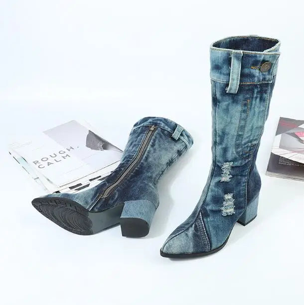 Vintage Square Heel Mid-Calf Boots With Zipper For Women