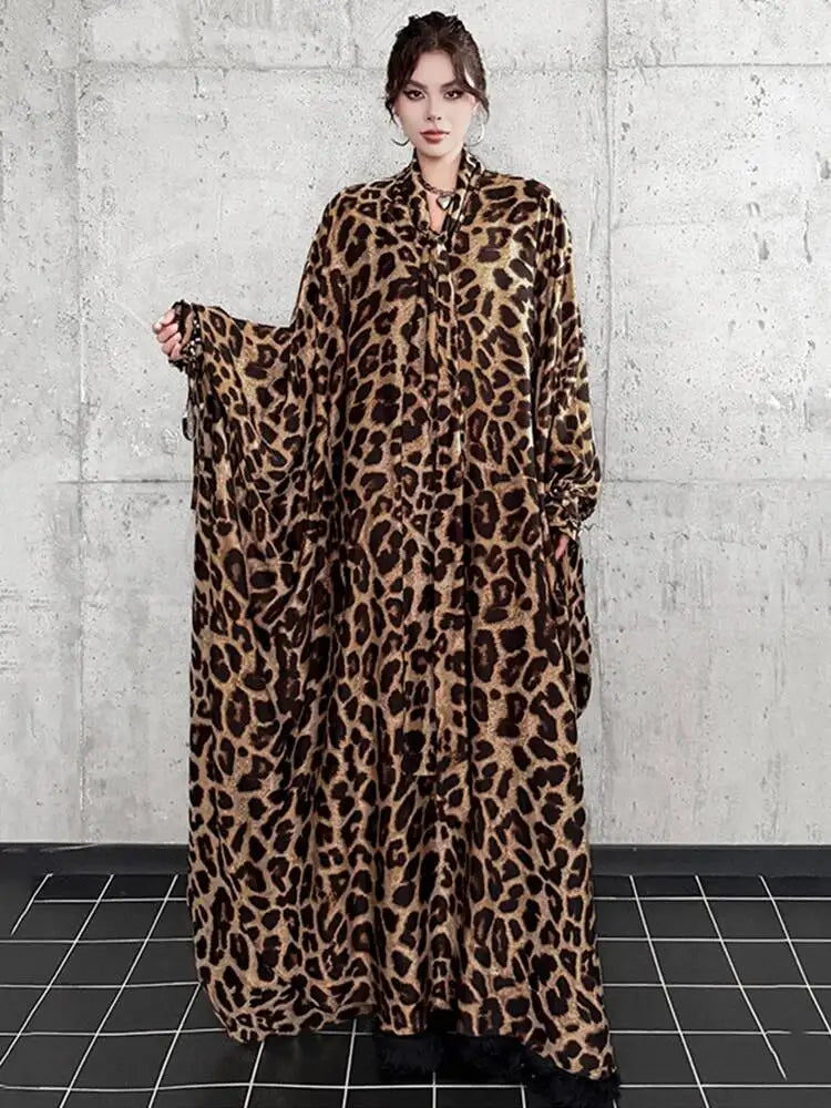 Leopard Print V-Neck Long Sleeve Midi Dress for Women