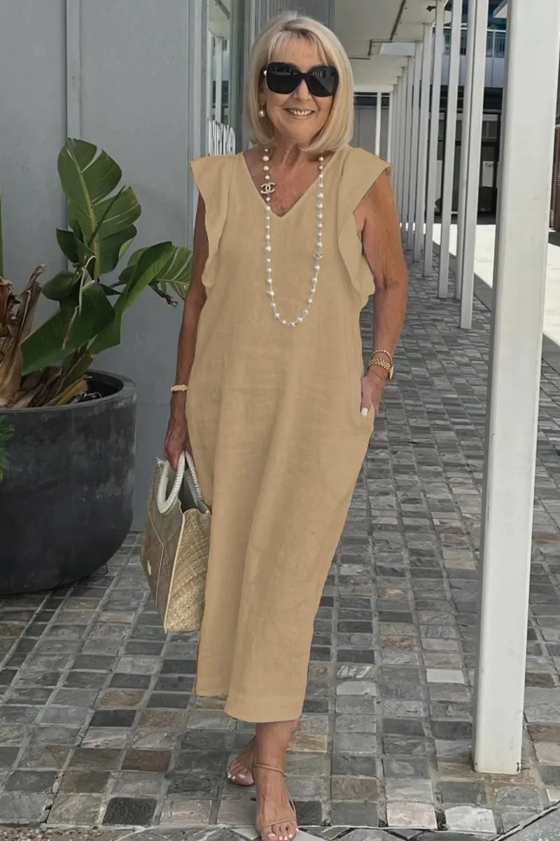 Back Tie Flutter Sleeve Ankle Length Linen Dress for Women