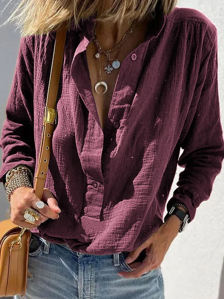 Long-sleeved cotton and linen women's shirt 2025 autumn loose single-breasted lapel casual shirt, office women's clothes