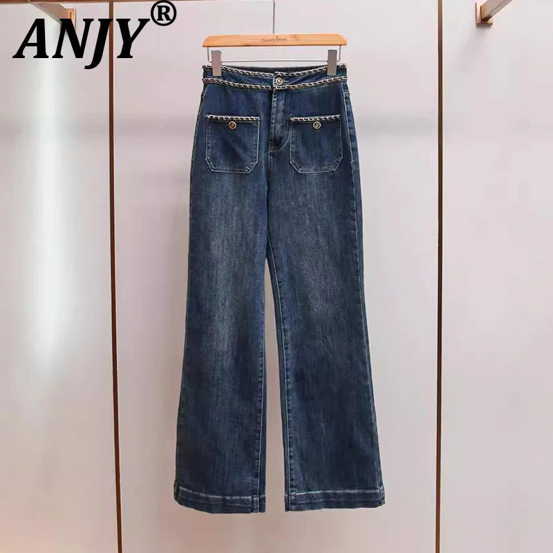ANJY Autumn Women American Style Vintage High-End Chain Design Slimming Straight Jeans Ins Trend Versatile Wide-Leg Pants A10635