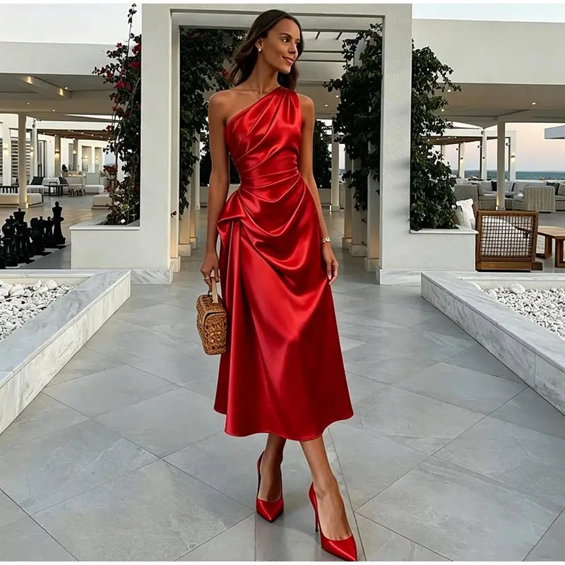 Charming One Shoulder Ruched Waist Satin Midi Dress For Women