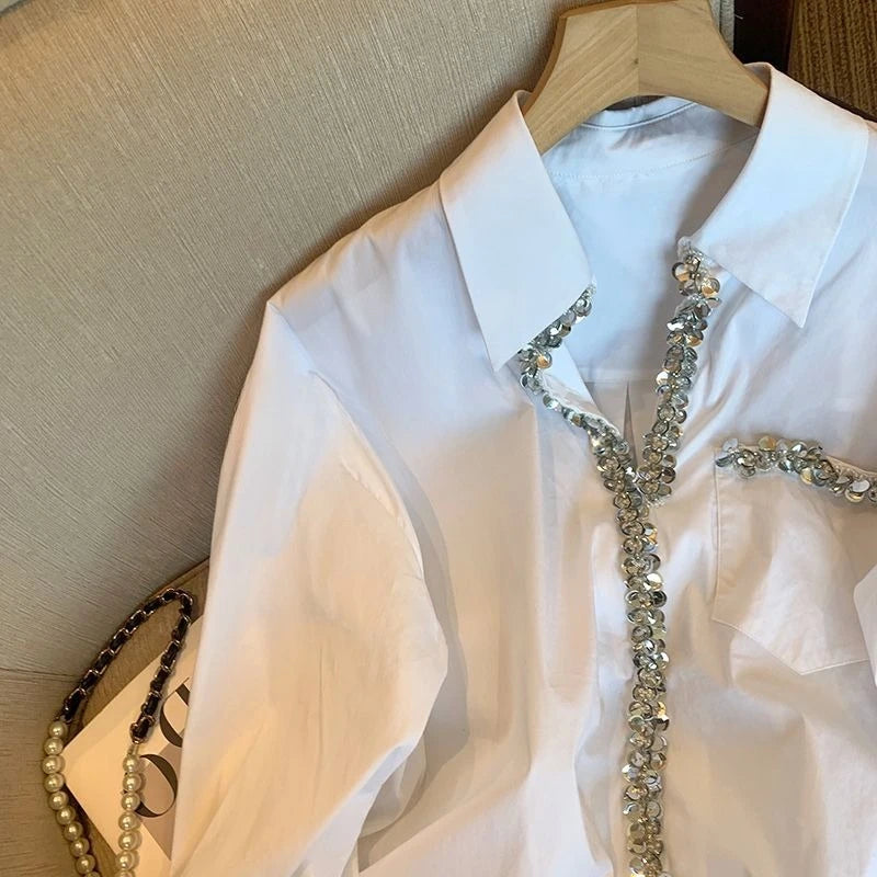 Oversized White Long Sleeve Button Up Shirt for Women