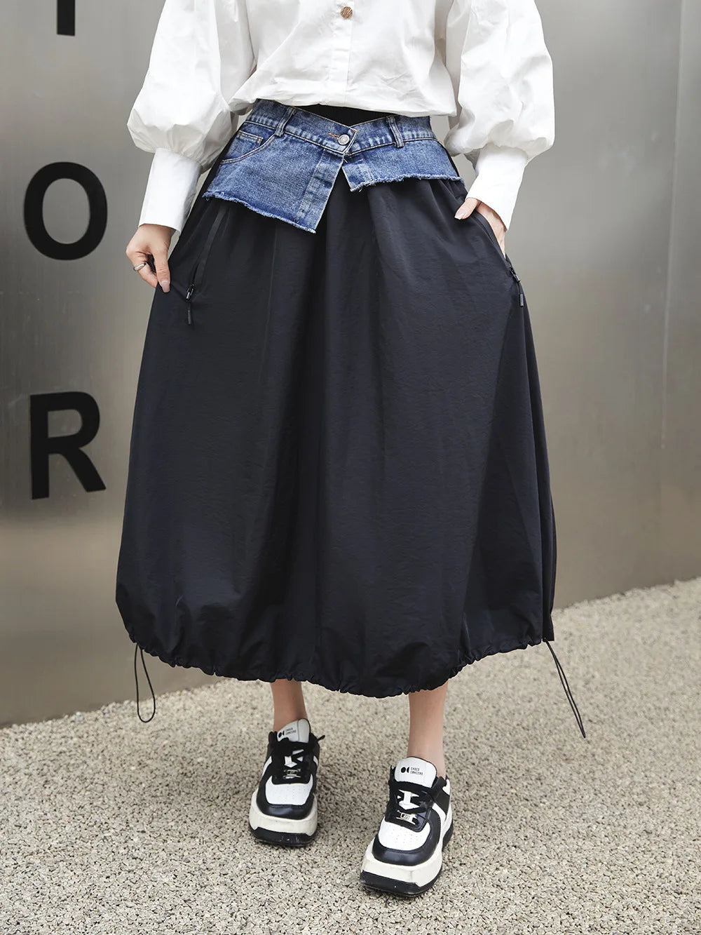 Casual Ankle-Length Spliced Denim with Contrast Color Skirt for Women