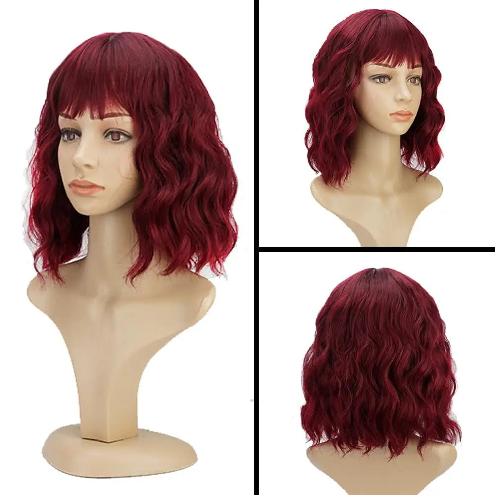 Natural Brown Synthetic Curly Wavy Bangs Bob Wig for Women