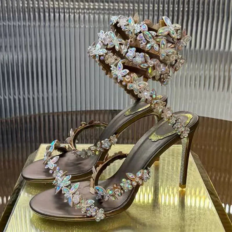Crystal Strappy Wrap Ankle Stiletto Sandals for Women