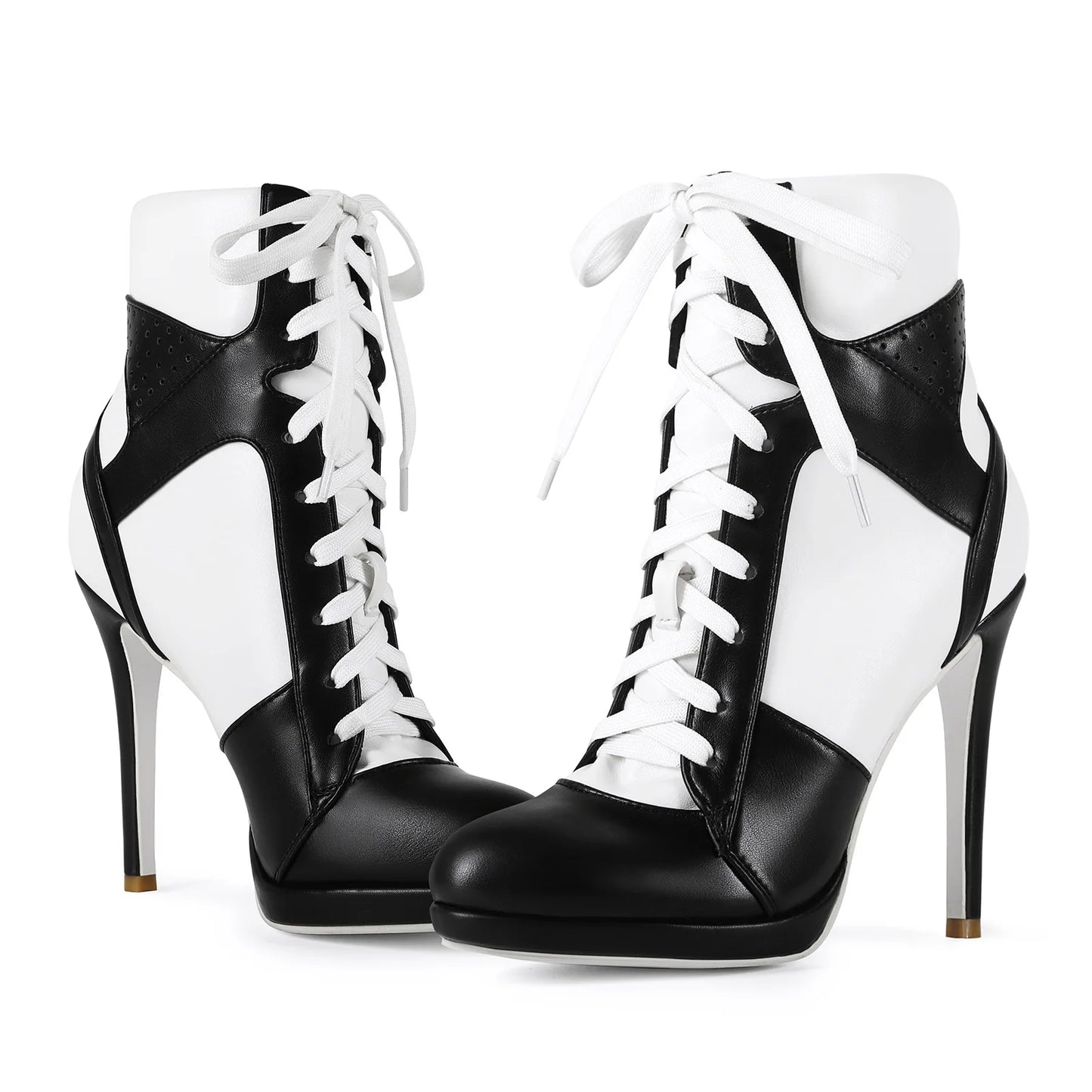 Plus Size Black White Lace-Up Stiletto Mid-Calf Boots For Women