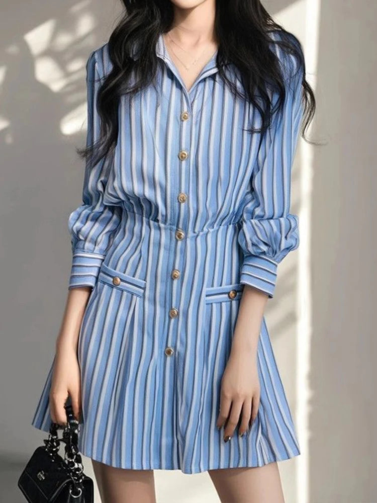 Blue and White Striped Korean Style Dress for Women