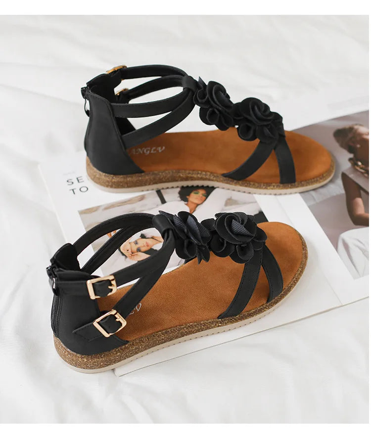 Strappy Bohemian Floral Printed Flat Sandals for Women
