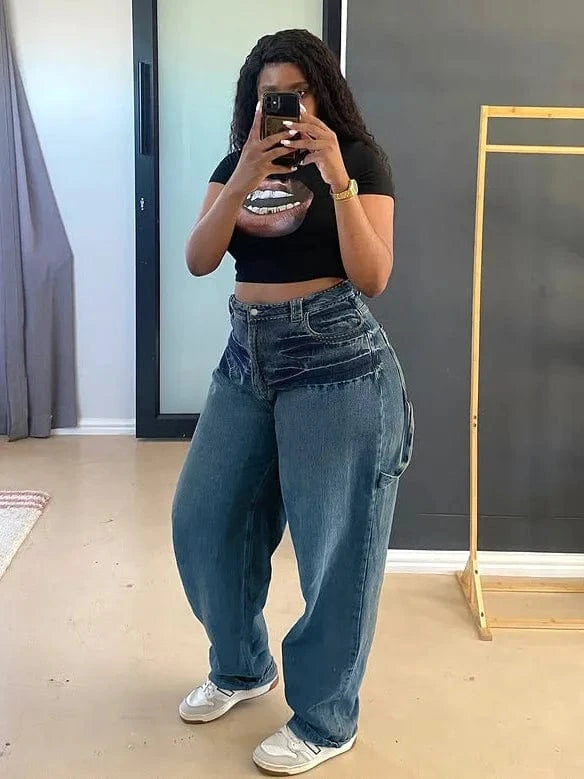 Streetwear Wide Leg Jeans Cargo Pants Sexy Women High Waist Elegant Denim Casual Straight Trousers