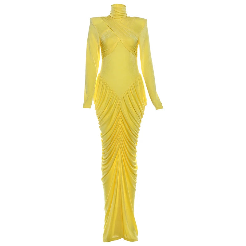 Elegant Ruched Backless Turtleneck Maxi Dress for Women
