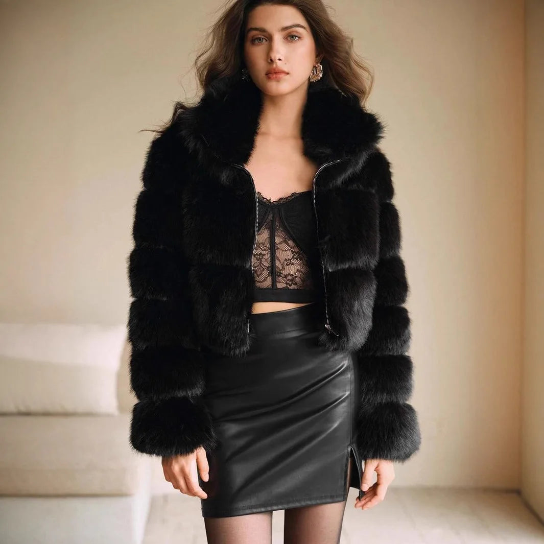 Women Faux Fox Fur Coats Short Jackets Zipper Coat Turn Down Collar Punk Loose Y2k Thick Outwear Jacket Casual 2025 Winter