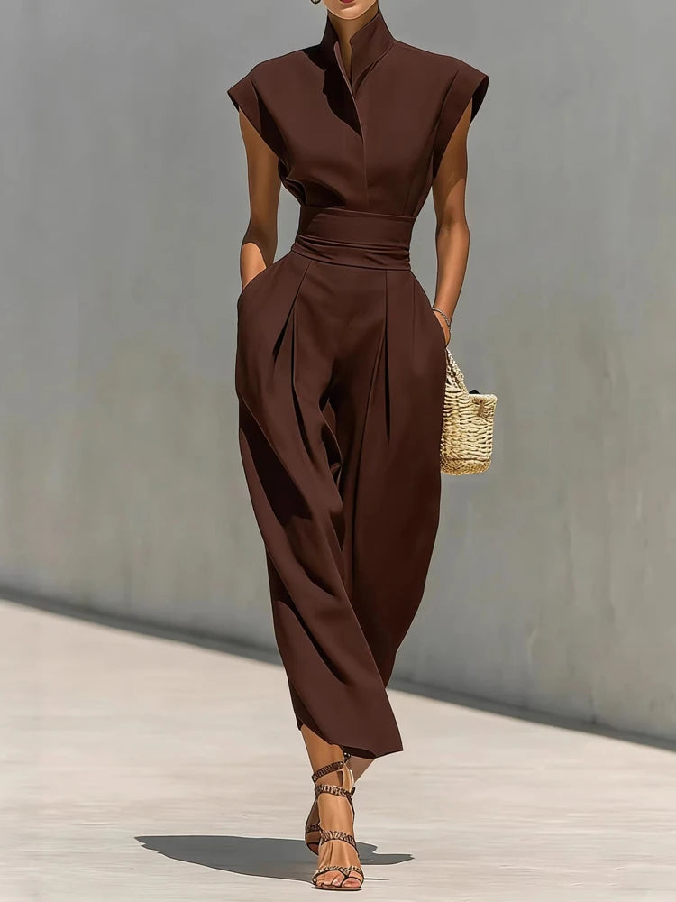 Elegant Stand Collar Pocket Summer Long Dress for Women