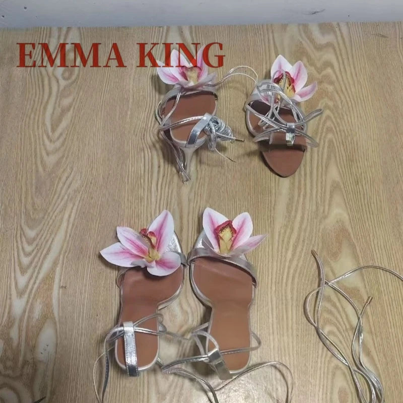 Metallic Gold Ankle Strap Floral Lace Up High Heel Sandals For Women