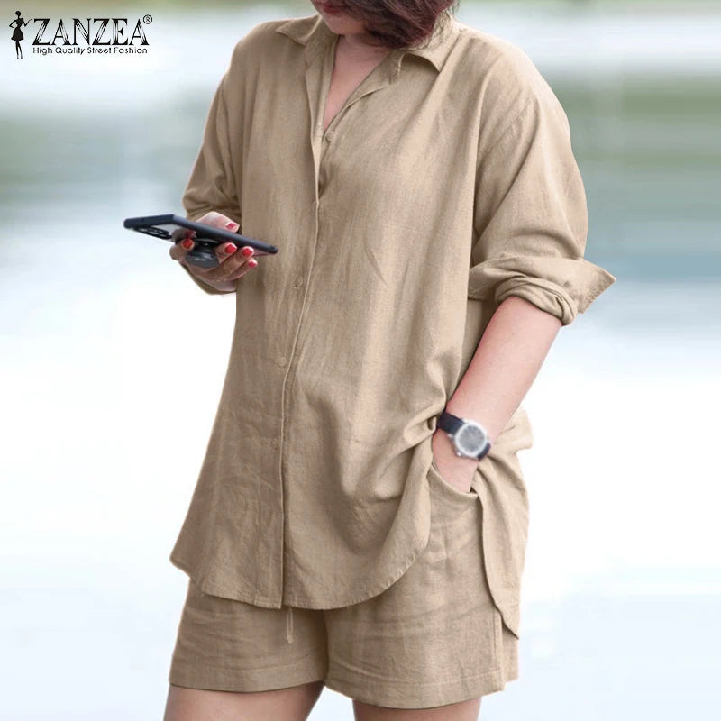 ZANZEA Woman Vintage Solid Matching Sets Spring Casual Street Suit Long Sleeve Lapel Shirt Loose Shorts Elegant Tracksuit