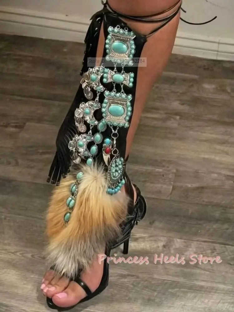 Turquoise Fur Wrap Bead Embellished Sandals for Women