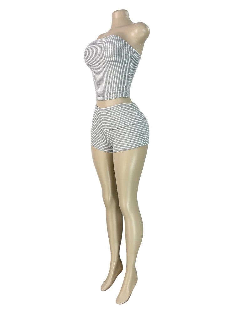 Ribbed Knit Tube Top and Fold Waist Shorts Set for Women