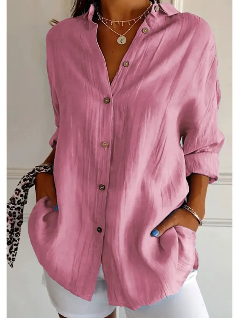 Relaxed Fit Long Sleeve Solid Color Blouse For Women