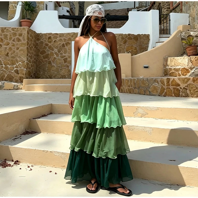 Flowy Gradient Halter Off Shoulder Ruffle Maxi Dress for Women