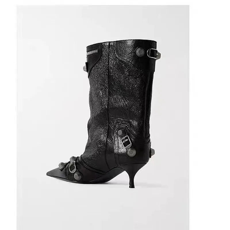 Punk Style Knee-High Rivet Detail Motorcycle Boots for Women