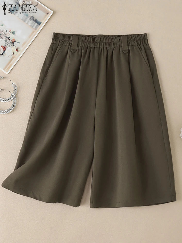 ZANZEA Woman Casual Mid-Length Shorts Elastic High Waist Loose Solid Wide Leg Pants 2025 Summer Holiday Comfort Weekend Shorts