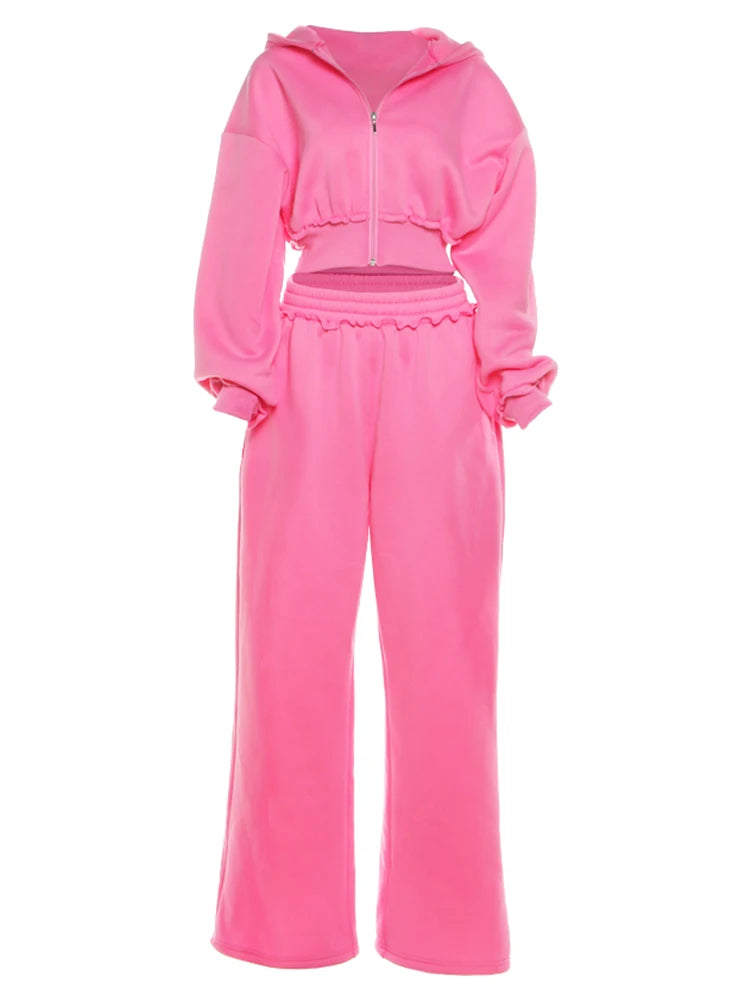 Patchwork Zip Hooded Crop Tracksuit Set