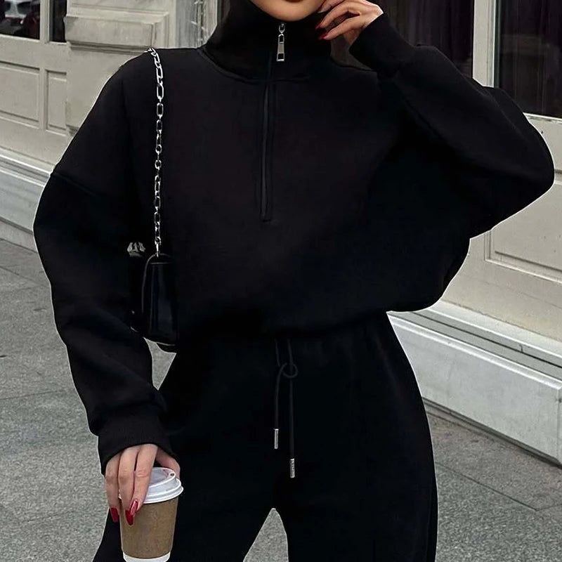 KUCLUT 2025 Autumn Fashion Sport Style Two-pieces Set For Women Half-Zip Pullover Sweatshirt Drawstring Long Casual Pants 1A1109