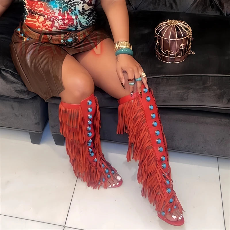 Open Toe High Heel Fringe Tassel Gladiator Sandals for Women