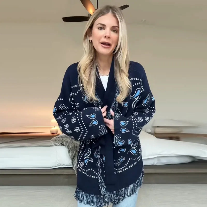 Vintage Patchwork Lace Up Long Sleeve Cardigan For Women