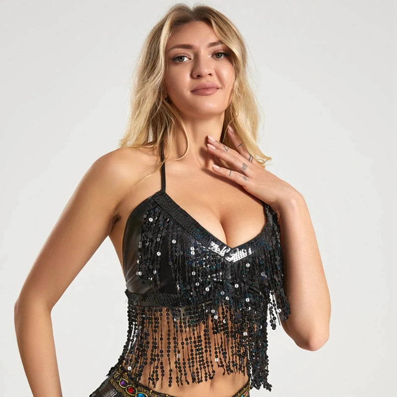 Sequined Tassel Latin Dance Crop Top and Skirt Set for Women