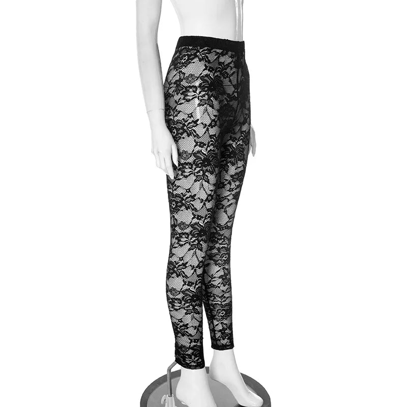 FAGADOER Sexy Mesh Leggings Pants Women Black See Through Hollow Out Skinny Lace Pants Female Party Club Streetwear 2025 New