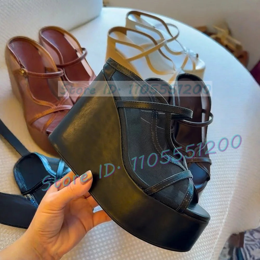 Brown Double Strap Mesh Peep Toe Wedge Sandals for Women