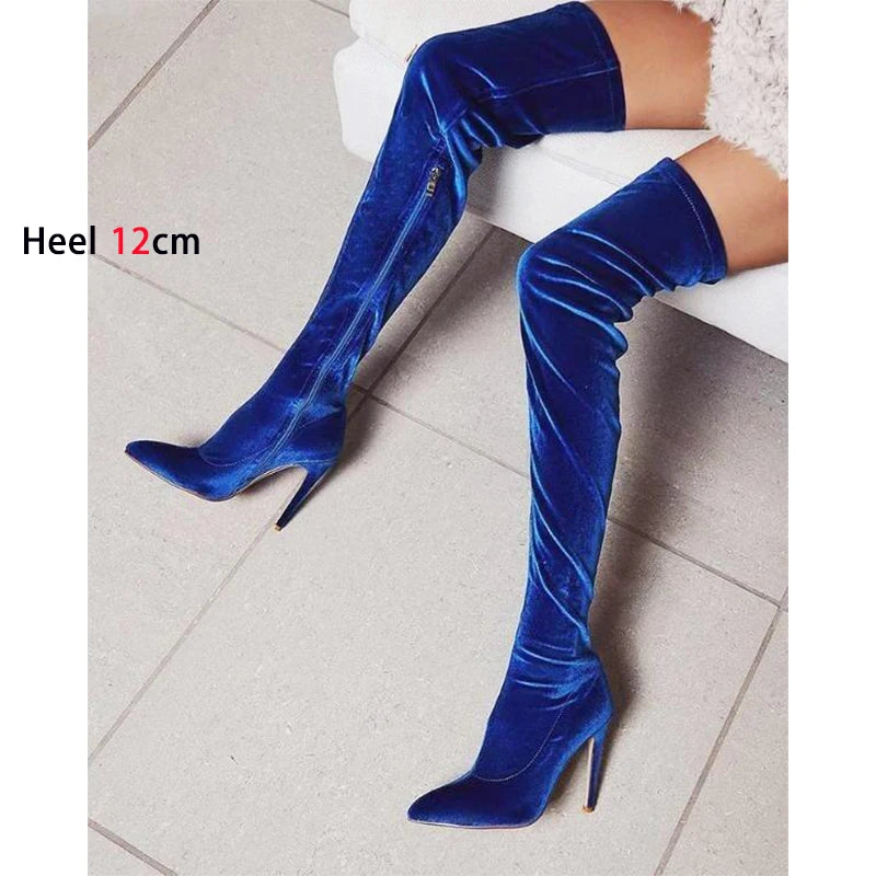 Velvet Pointed Toe Over The Knee Stiletto Boots for Women