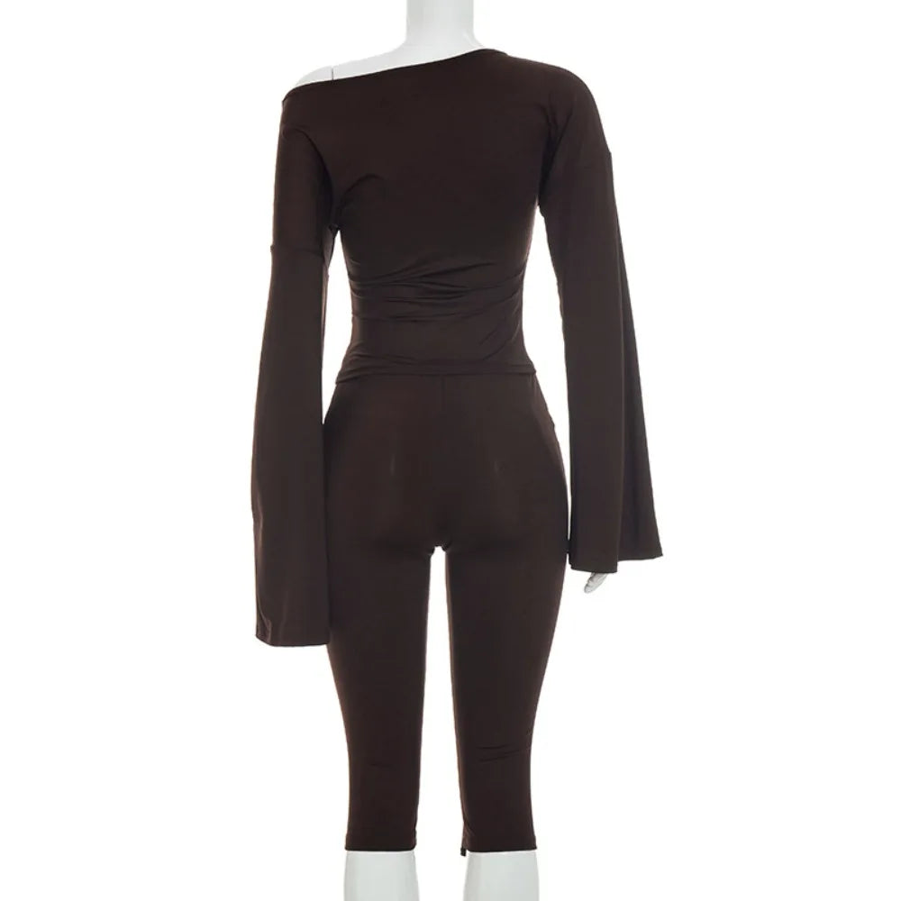 Slash Neck Two Piece Crop Top And Capri Pants Set for Women